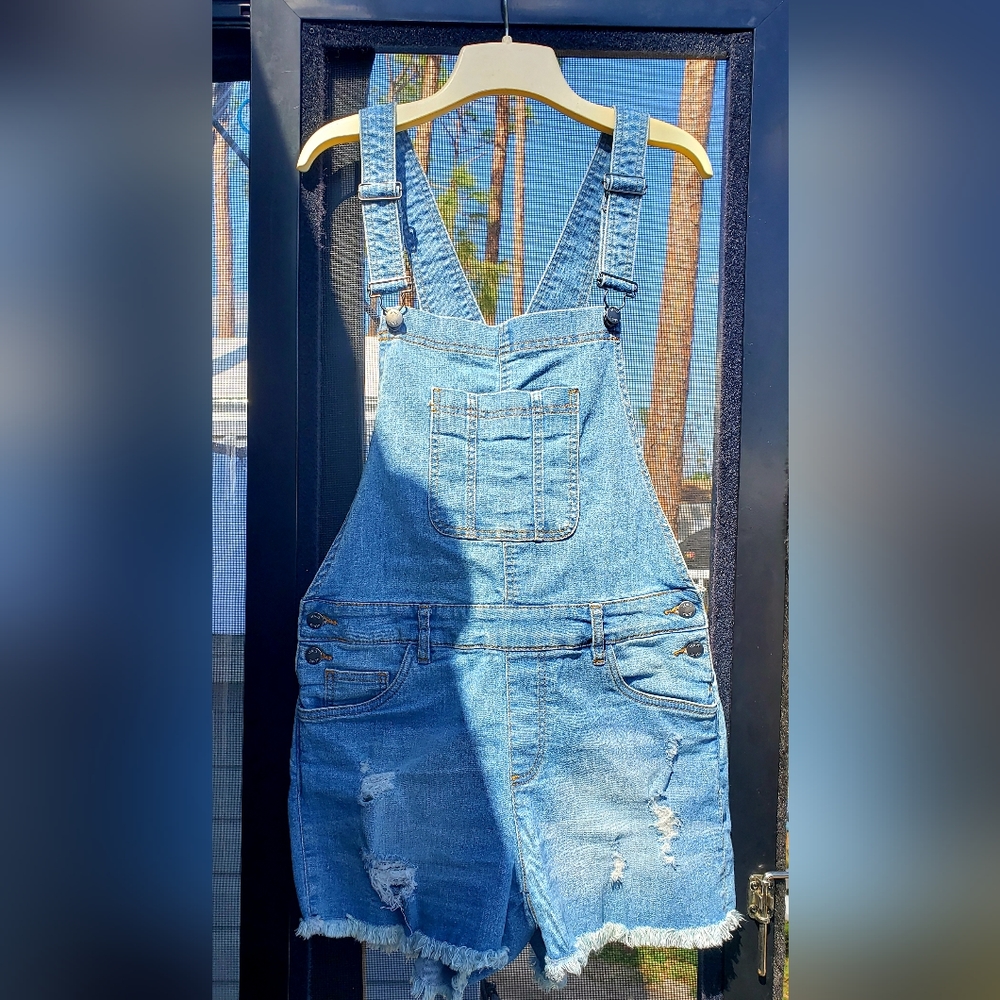 VENUS Light Blue Distressed Denim Overalls